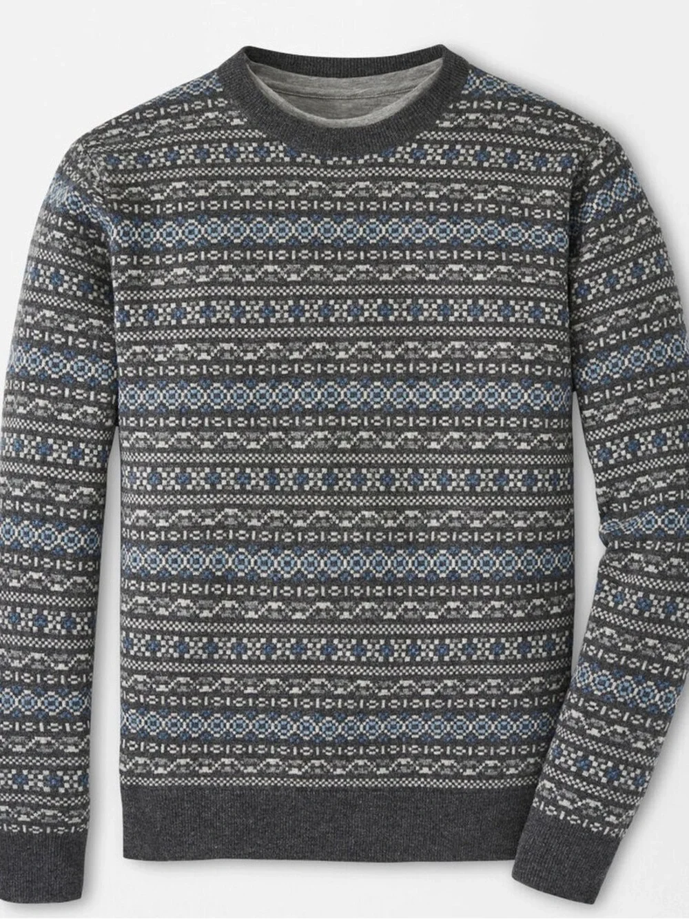 Peter Millar Grey Crewneck Wool/Cashmere Sweater with Blue Fair Isle Motif